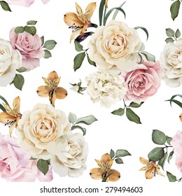 Seamless floral pattern with roses, watercolor. Vector illustration.
