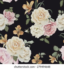 Seamless floral pattern with roses, watercolor. Vector illustration.
