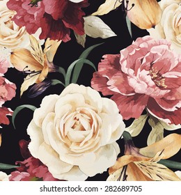 Seamless floral pattern with roses, watercolor. Vector illustration.
