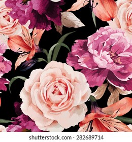 Seamless floral pattern with roses, watercolor. Vector illustration.
