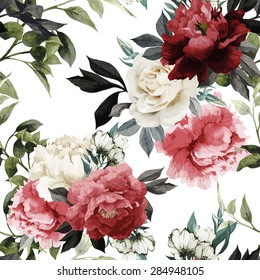 Seamless floral pattern with roses, watercolor. Vector illustration.
