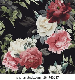 Seamless floral pattern with roses, watercolor. Vector illustration.
