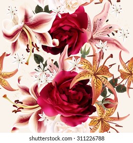 Seamless floral pattern with roses in watercolor style vector illustration