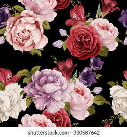 Seamless floral pattern with roses, watercolor. Vector illustration.
