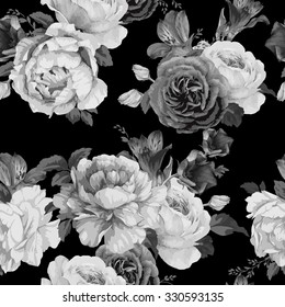 Seamless floral pattern with roses, watercolor. Vector illustration.
