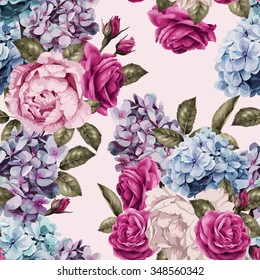 Seamless floral pattern with roses, watercolor. Vector illustration.
