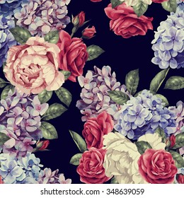 Seamless floral pattern with roses, watercolor. Vector illustration.
