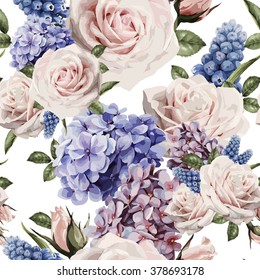 Seamless floral pattern with roses, watercolor. Vector illustration.
