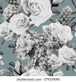 Seamless floral pattern with roses, watercolor. Vector illustration.
