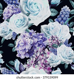 Seamless floral pattern with roses, watercolor. Vector illustration.
