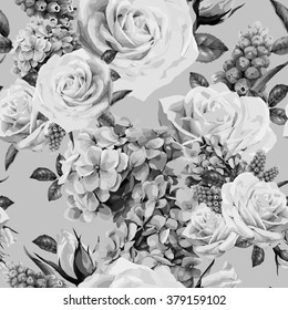 Seamless floral pattern with roses, watercolor. Vector illustration.
