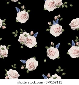 Seamless floral pattern with roses, watercolor. Vector illustration.
