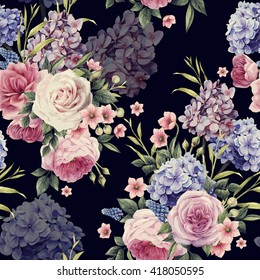 Seamless floral pattern with roses, watercolor. Vector illustration.
