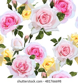 Seamless floral pattern with roses, watercolor. Vector illustration.
