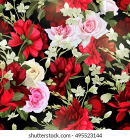 Seamless floral pattern with roses, watercolor. Vector illustration.
