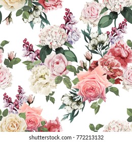 Seamless floral pattern with roses, watercolor. Vector illustration.