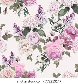 Seamless floral pattern with roses, watercolor. Vector illustration.
