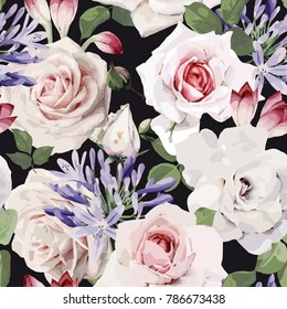 Seamless floral pattern with roses, watercolor. Vector illustration.
