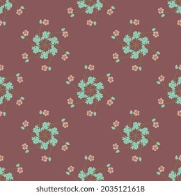 Seamless floral pattern with round bouquets of blooming branches. Folk style. Pink flowers and green leaves on mauve background.