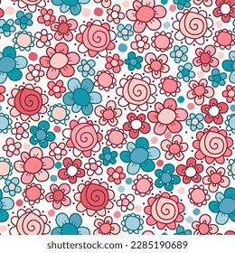 Seamless floral pattern. A pattern of round flower buds. Background in pink and blue shades. Daisies with spirals, dots, stripes.