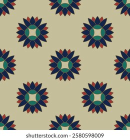 Seamless floral pattern with round geometrical mandalas. Ancient Egyptian lotus flower motif. On yellow background.