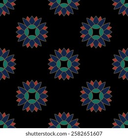 Seamless floral pattern with round geometrical mandalas. Ancient Egyptian lotus flower motif. On black background.