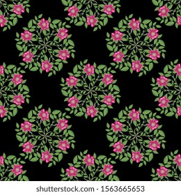 Seamless floral pattern with round floral mandalas. Branches of wild rose or briar. Folk style.