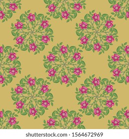 Seamless floral pattern with round floral mandalas. Branches of wild rose or briar. Folk style.