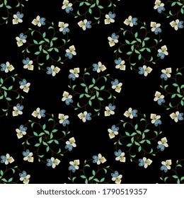 Seamless floral pattern with round mandalas. Folk style. Viola tricolor branches.