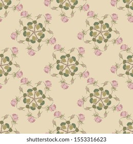 Seamless floral pattern with round rosettes made of rose branches. Vintage style.