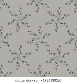 Seamless floral pattern with round floral stars. Branches with leaves and berries. Folk style. On gray background.