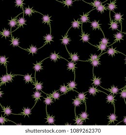 Seamless floral pattern with round wreaths of stylized thistle blossom.