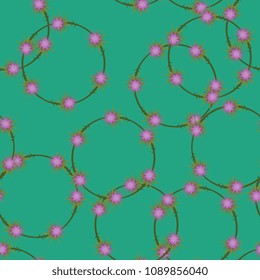 Seamless floral pattern with round wreaths of stylized thistle blossom.