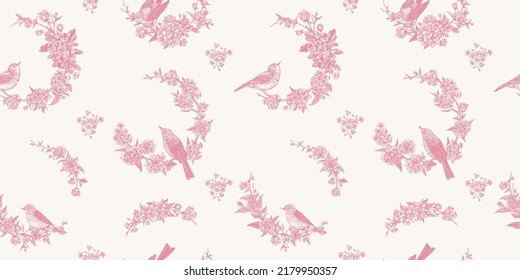 Seamless floral pattern with round wreaths and birds. Line drawing. Subtle vintage print. Pink.