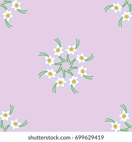 Seamless floral pattern with round wreaths of daffodils. Pastel colors on lilac background.