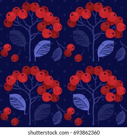 Seamless floral pattern with rowan berries on blue. Hand drawn vector illustration