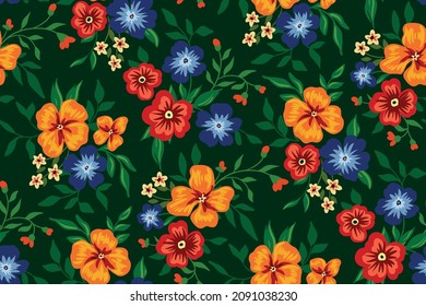 Patrón floral sin foco al estilo ruso. Bouquets con flores pintadas, hojas, hojas de pasto en un campo verde. Impresión botánica de verano con motivos folclóricos. Vector.