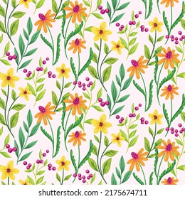 Patrón floral sin foco con flores silvestres de color rústico. Impresión fresca de color marrón, bonito fondo botánico con plantas silvestres dibujadas a mano, diferentes flores, hierbas, hojas. Ilustración vectorial.