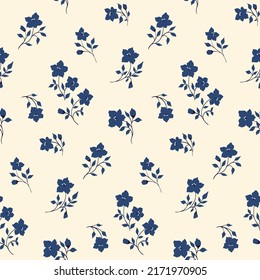 Seamless floral pattern with rustic decorative plants. Simple ditsy print, cute botanical background with small blue flowers, leaves, twigs on a light field. Vector illustration.