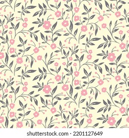 
Seamless floral pattern, rustic ditsy style print with small flowers branches on a white surface. Romantic botanical background design with tiny hand drawn plants: flowers, leaves, twigs. Vector.