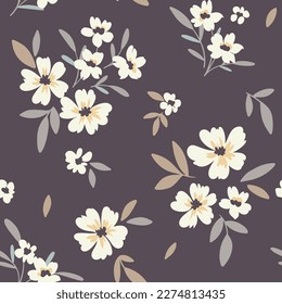 Seamless floral pattern, rustic ditsy print with delicate flowers. Beautiful botanical design with hand drawn flora: white flowers, small leaves in bouquets on a dark background. Vector illustration.