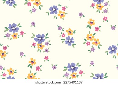 Seamless floral pattern, rustic ditsy print with cute spring botany in liberty arrangement. Pretty botanical design: small hand drawn flowers buds, tiny leaves on white background. Vector illustration