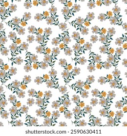 Seamless floral pattern, rustic ditsy print with cute spring botany in liberty arrangement. Pretty botanical design: small hand drawn flowers buds, tiny leaves on white background. Vector illustration