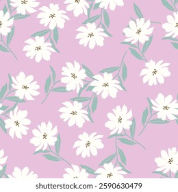 Seamless floral pattern, rustic ditsy print with cute spring botany in liberty arrangement. Pretty botanical design: small hand drawn flowers buds, tiny leaves on white background. Vector illustration