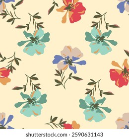 Seamless floral pattern, rustic ditsy print with cute spring botany in liberty arrangement. Pretty botanical design: small hand drawn flowers buds, tiny leaves on white background. Vector illustration