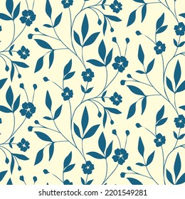 Seamless floral pattern in a rustic, folk style. Romantic ditsy print, botanical background with drawing branches, small flowers, leaves. Surface design in white, blue colors. Vector.
