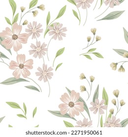 Seamless floral pattern with a rustic motif: small wild flowers on a white background. Vector.