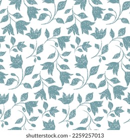 Seamless floral pattern with rustic plant silhouettes. Cute botanical print in traditional style: hand drawn textured flowers, branches, leaves on a white background. Vector illustration.