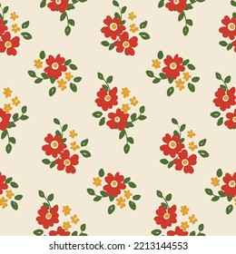 Motif harmonieux de floral, impression harmonieux de style rustique avec de simples petites plantes sur fond clair. Joli design botanique avec fleurs dessinées à la main, feuilles en bouquets. Illustration vectorielle.