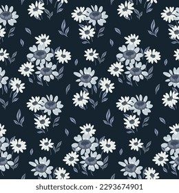 Seamless floral pattern, rustic style ditsy print in blue colors. Botanical design for fabric, paper with hand drawn field: small plants, tiny flowers, leaves on a dark background. Vector illustration